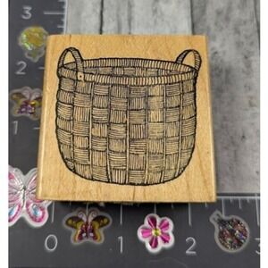 Delafield Woven Basket Wicker Rubber Stamp Wood #D78